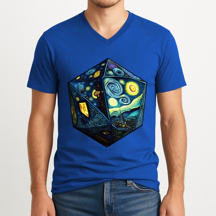 D20 Dice Art Van Gogh Starry Night Cool Realistic D20 Dice V-Neck T-Shirt