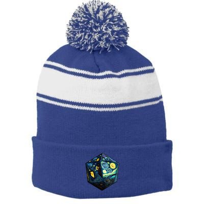 D20 Dice Art Van Gogh Starry Night Cool Realistic D20 Dice Stripe Pom Pom Beanie
