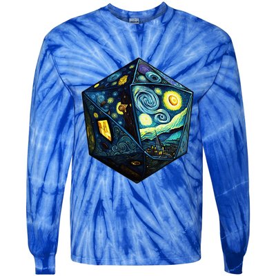 D20 Dice Art Van Gogh Starry Night Cool Realistic D20 Dice Tie-Dye Long Sleeve Shirt