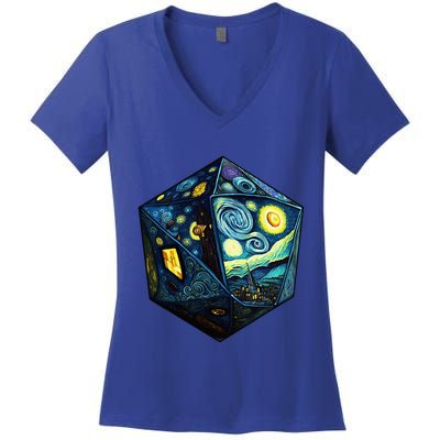 D20 Dice Art Van Gogh Starry Night Cool Realistic D20 Dice Women's V-Neck T-Shirt