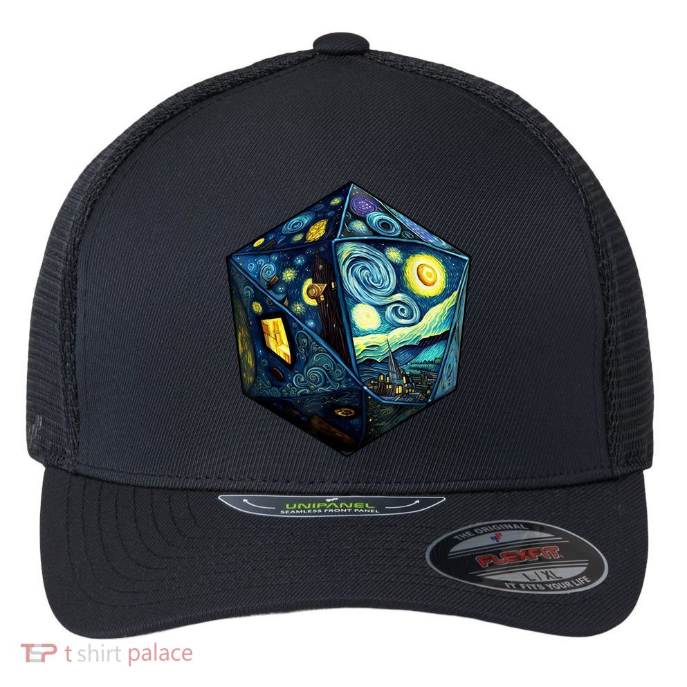 D20 Dice Art Van Gogh Starry Night Cool Realistic D20 Dice Flexfit Unipanel Trucker Cap