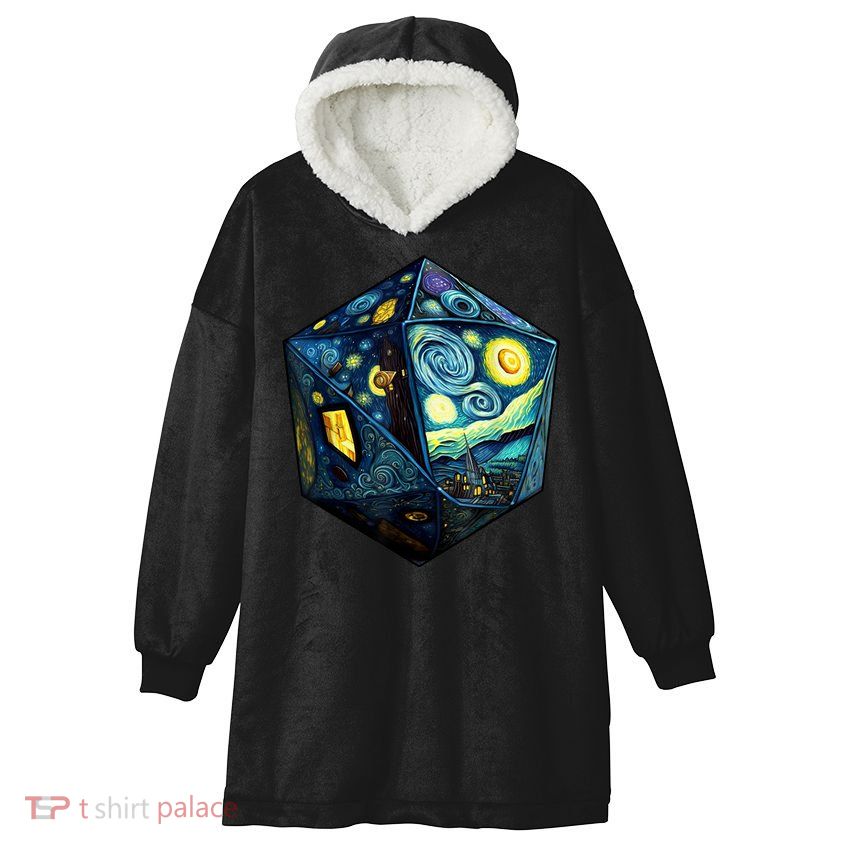 D20 Dice Art Van Gogh Starry Night Cool Realistic D20 Dice Hooded Wearable Blanket