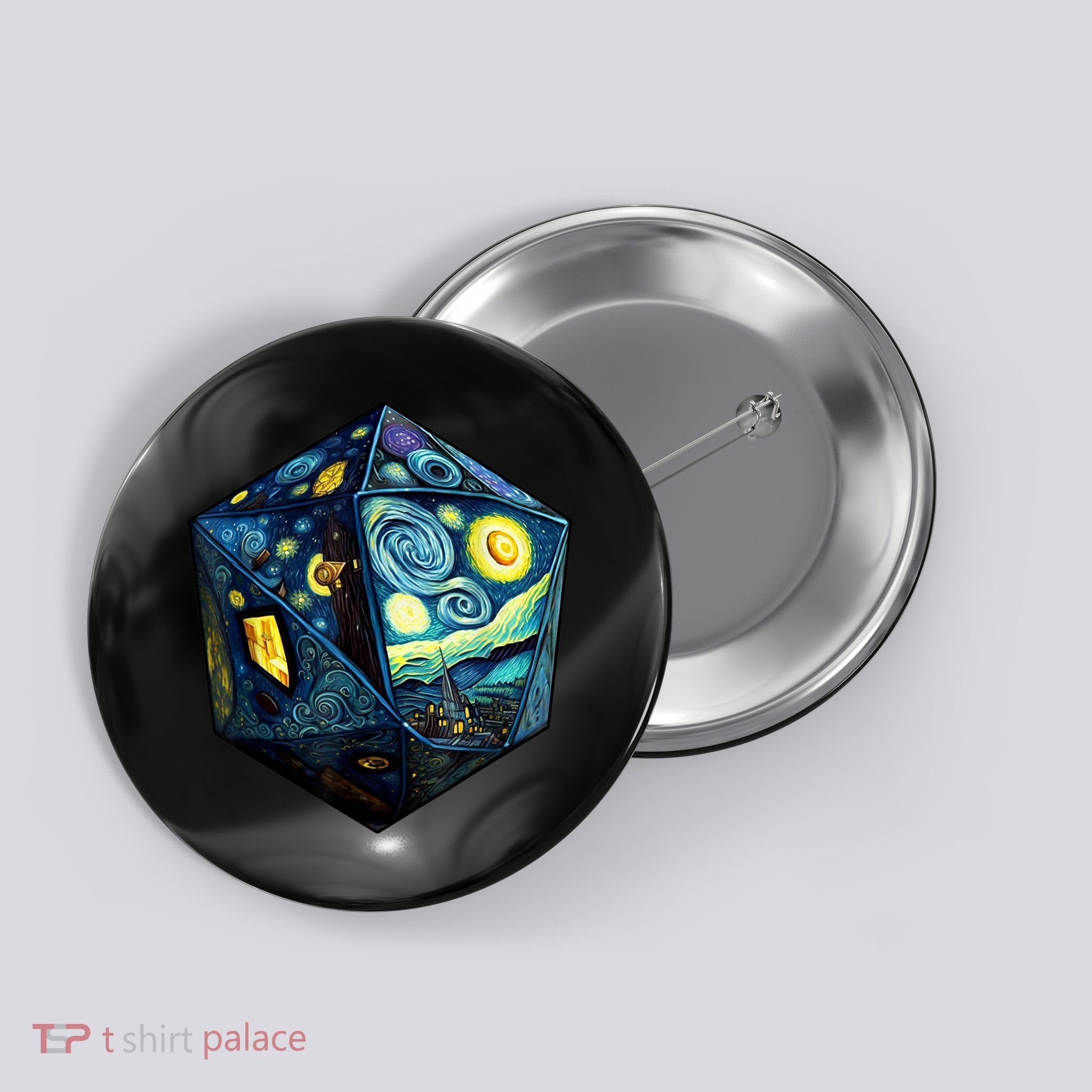 D20 Dice Art Van Gogh Starry Night Cool Realistic D20 Dice Button