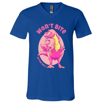 Dinosaur Dino And Daddysaurus Trex Funny Gift V-Neck T-Shirt