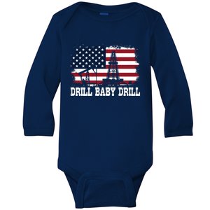 Drill Drill American Flag Oilrig Trump Drill Drill Gift Baby Long Sleeve Bodysuit