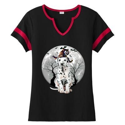 Dalmatian Dog And Moon Halloween Costume Dog Lover Funny Gift Ladies Halftime Notch Neck Tee