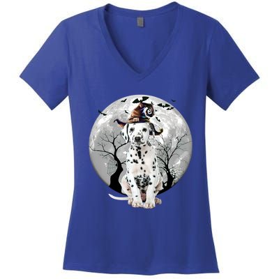 Dalmatian Dog And Moon Halloween Costume Dog Lover Funny Gift Women's V-Neck T-Shirt