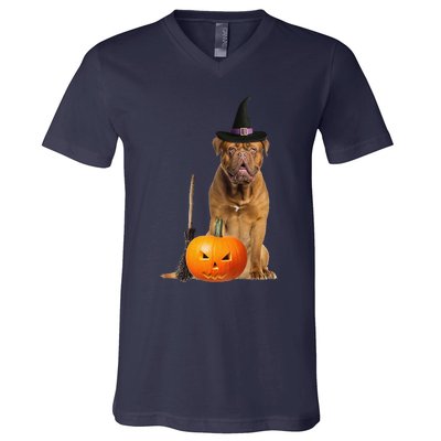 Dogue De Bordeaux Witch Hat Halloween Dog V-Neck T-Shirt