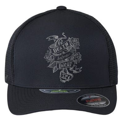 Distressed Death Before Decaf (Coffee) Flexfit Unipanel Trucker Cap