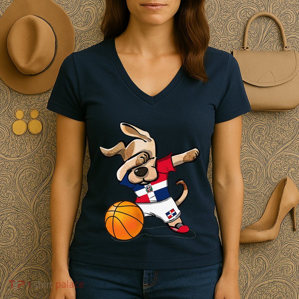 Dog Dabbing Basketball Dominican Republic Jersey Women's V-Neck T-Shirt
