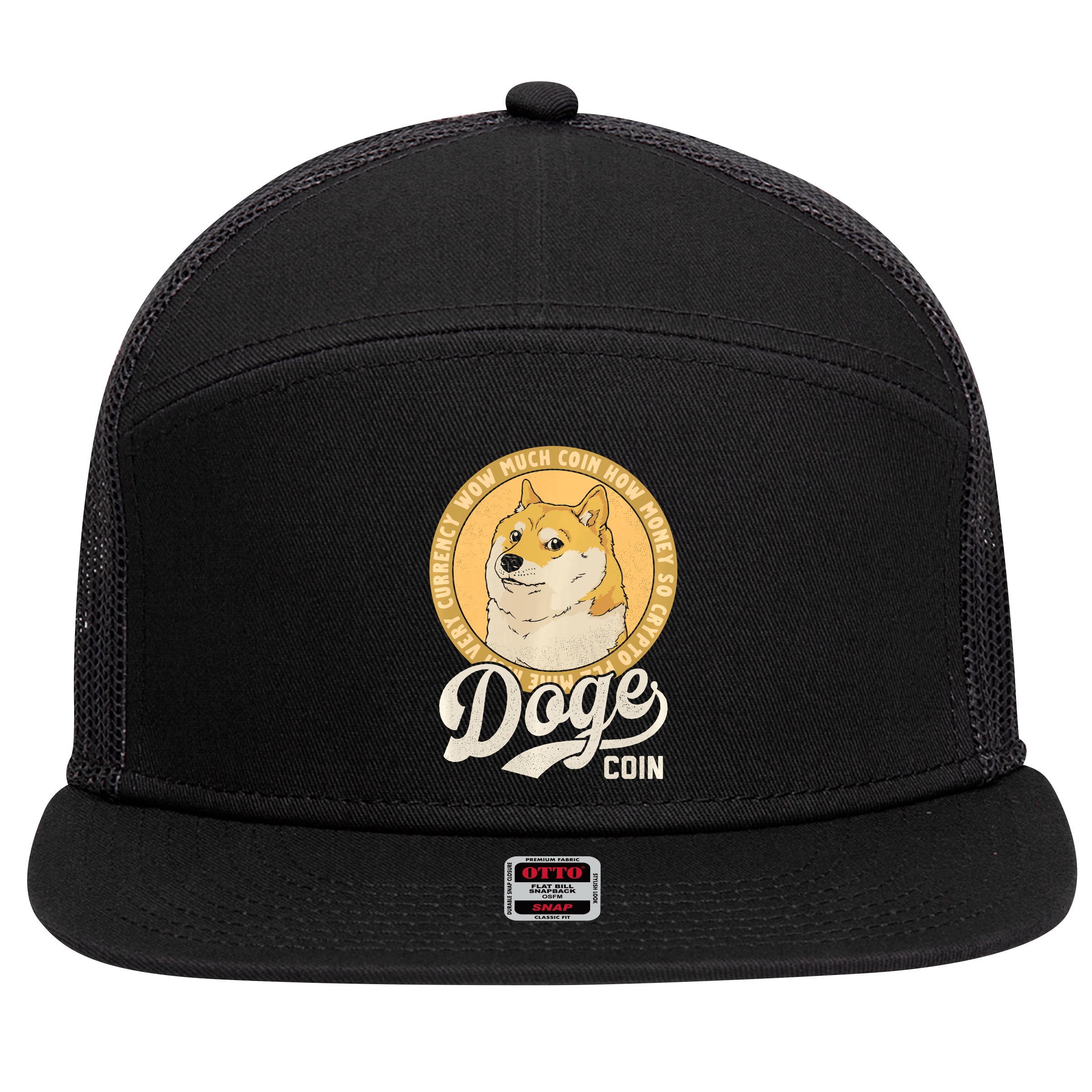Dogecoin Doge Coin Logo Shiba Inu Dog Crypto Currency Meme 7 Panel Mesh Trucker Snapback Hat