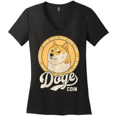 Dogecoin Doge Coin Logo Shiba Inu Dog Crypto Currency Meme Women's V-Neck T-Shirt