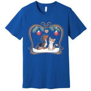 Dachshund Dog Cat Christmas Ball Snowflakes Xmas Holiday Gift Premium T-Shirt