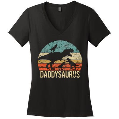 Daddy Dinosaur Daddysaurus 3 Three Xmas Christmas Gift Women's V-Neck T-Shirt