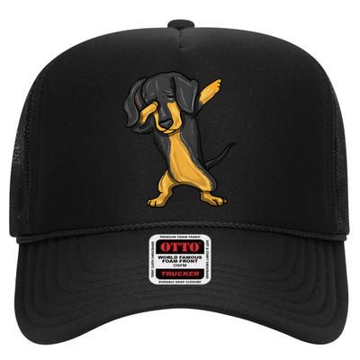 Dabbing Dachshund Doxie Dog Dab Dance High Crown Mesh Back Trucker Hat