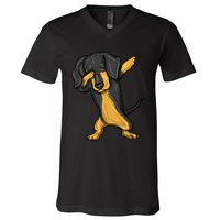 Dabbing Dachshund Doxie Dog Dab Dance V-Neck T-Shirt