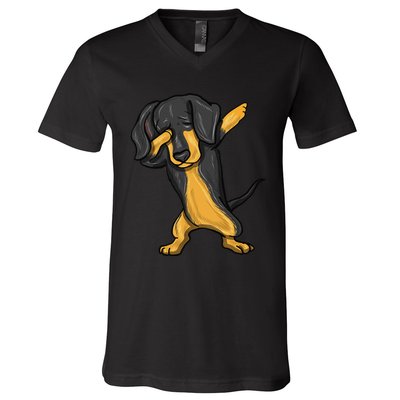 Dabbing Dachshund Doxie Dog Dab Dance V-Neck T-Shirt