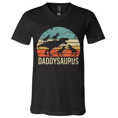 Daddy Dinosaur Daddysaurus 4 Four Gift For Father Day V-Neck T-Shirt
