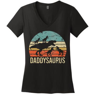 Daddy Dinosaur Daddysaurus 4 Four Gift For Father Day Women's V-Neck T-Shirt