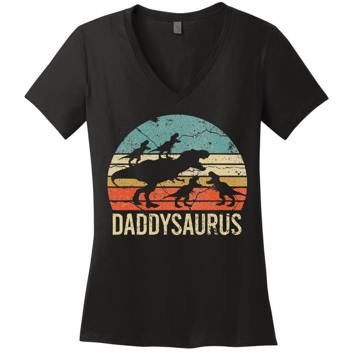 Daddy Dinosaur Daddysaurus 4 Four Gift For Father Day Women's V-Neck T-Shirt
