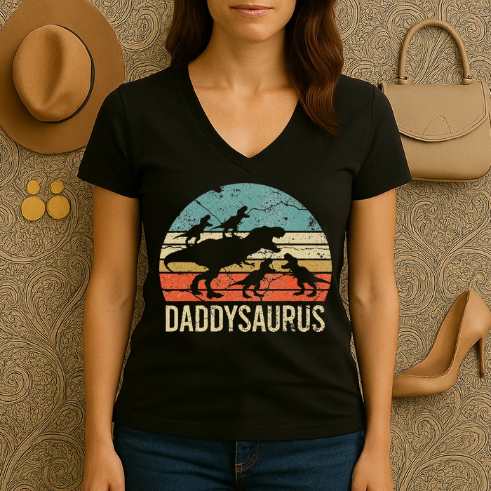 Daddy Dinosaur Daddysaurus 4 Four Gift For Father Day Women's V-Neck T-Shirt