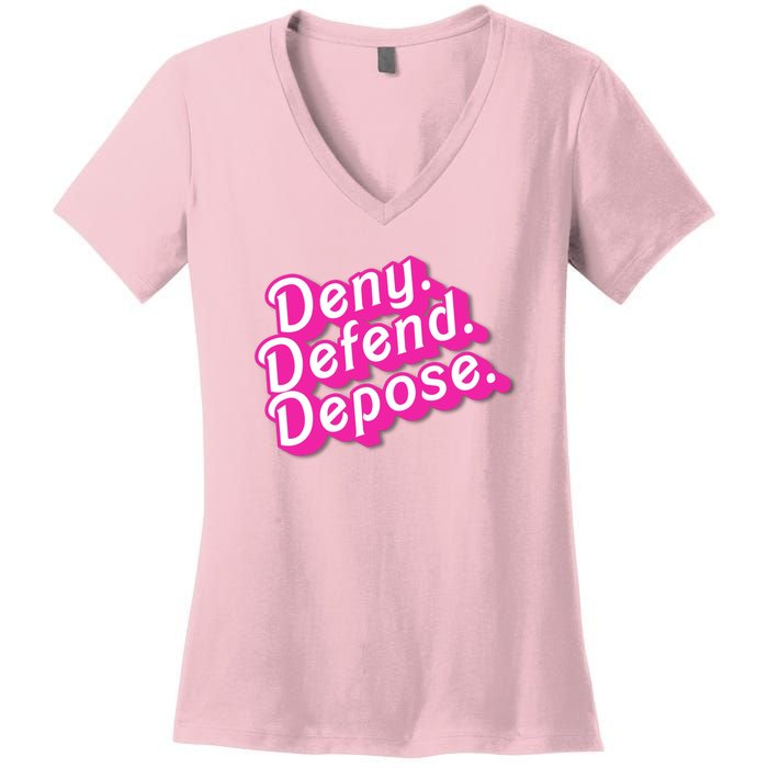 Deny Defend Depose Hot Pi Nk Doll Logo Luigi Mangione Women's V-Neck T-Shirt