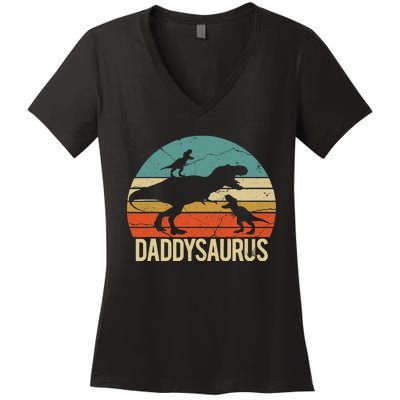 Daddy Dinosaur Daddysaurus 2 Two christmas Gift For Dad Women's V-Neck T-Shirt