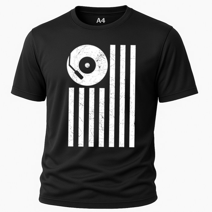 Dj Deejay Disk Jockey Turntable American Flag Djing Cooling Performance Crew T-Shirt