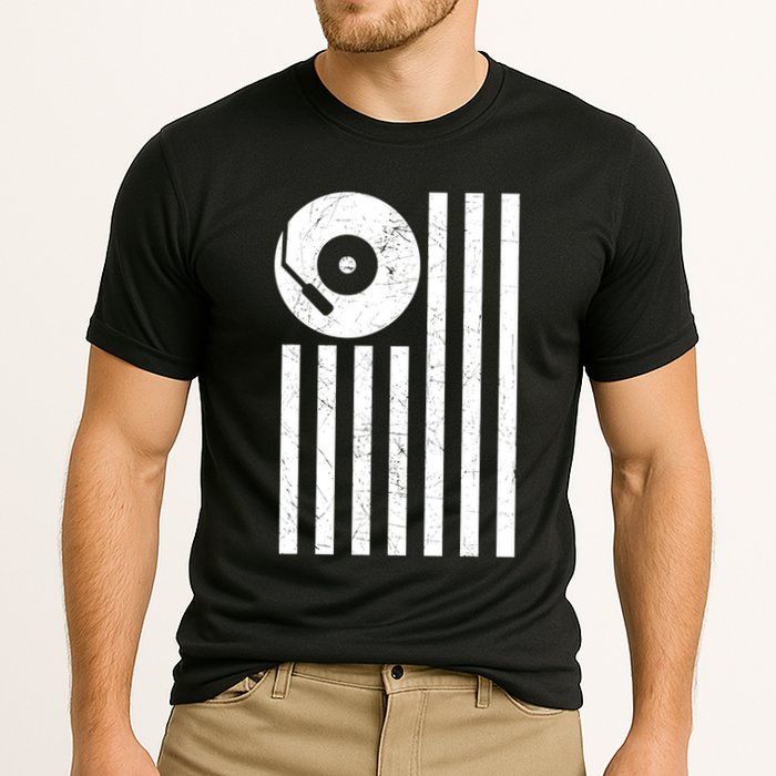 Dj Deejay Disk Jockey Turntable American Flag Djing Cooling Performance Crew T-Shirt