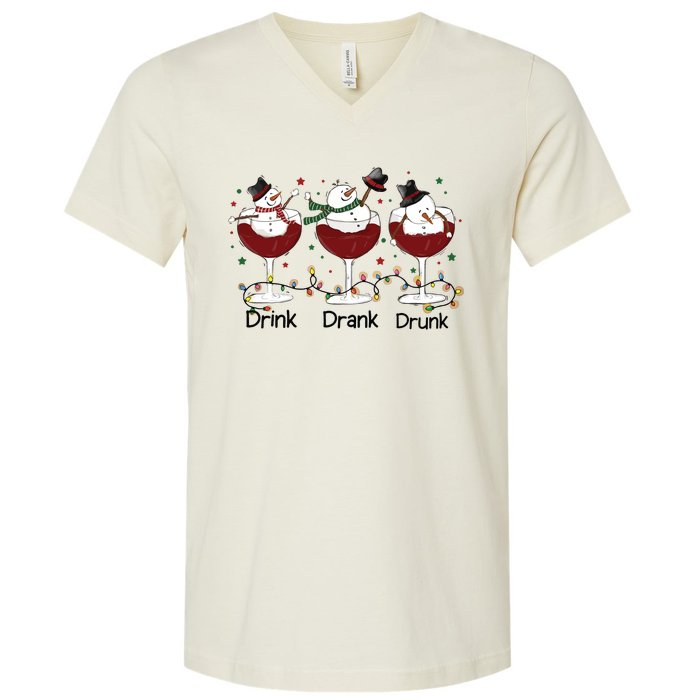 Drink Drank Drunk Funny Snowman Christmas Wine V-Neck T-Shirt