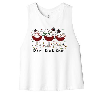 Drink Drank Drunk Funny Snowman Christmas Wine Women's Racerback Cropped Tank