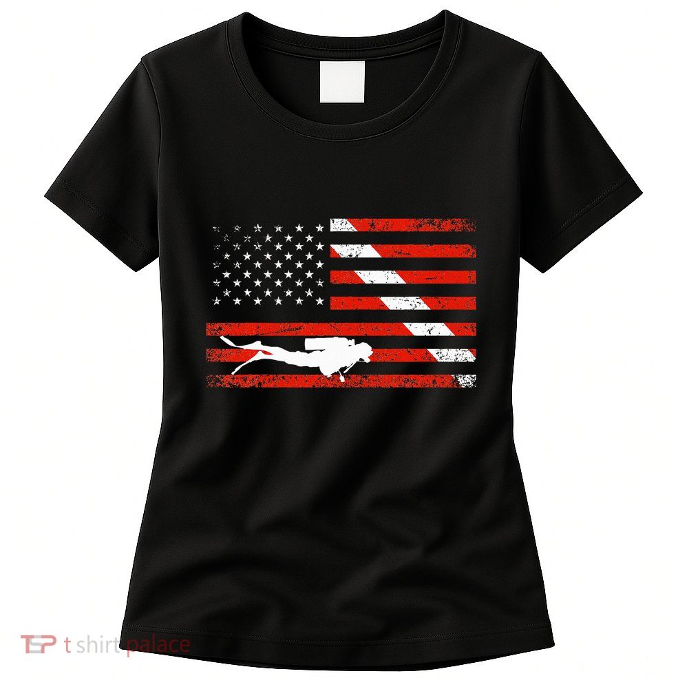 Diver Down Dive Flag Scuba Diving American Flag Womens T-Shirt