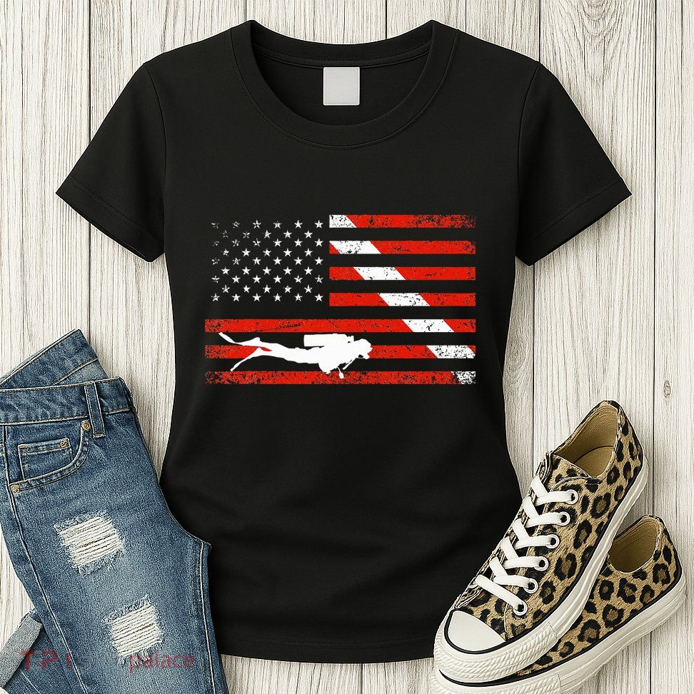 Diver Down Dive Flag Scuba Diving American Flag Womens T-Shirt