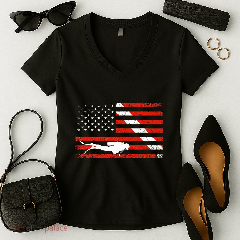 Diver Down Dive Flag Scuba Diving American Flag Women's V-Neck T-Shirt