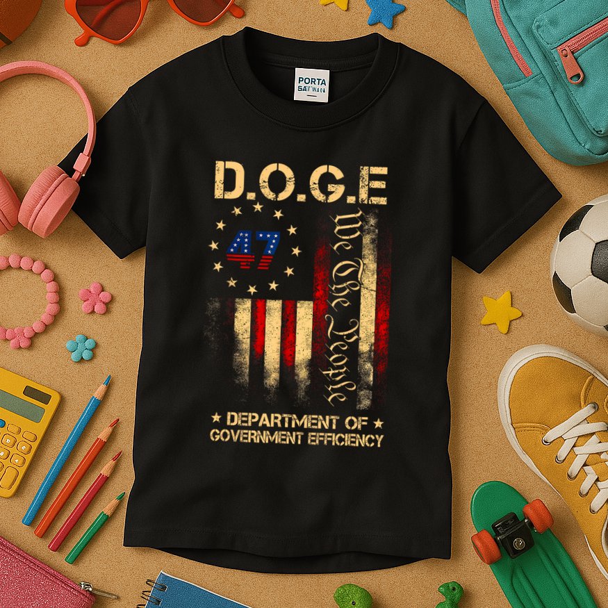 Doge D.O.G.E Department Of Government Efficiency America Flag Design Kids T-Shirt