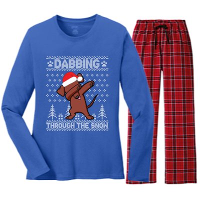 Dachshund Dog Dabbing Through The Snow Merry Christmas Day Gift Women's Long Sleeve Flannel Pajama Set 