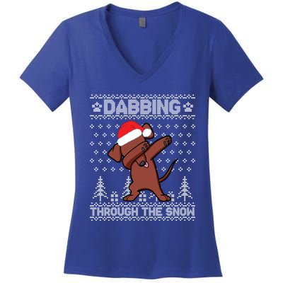 Dachshund Dog Dabbing Through The Snow Merry Christmas Day Gift Women's V-Neck T-Shirt