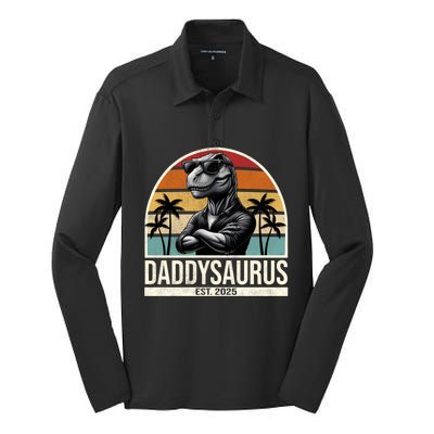 Dino Dad Daddysaurus New Dad 2025 Adult Dinosaur Dad Gift Silk Touch Performance Long Sleeve Polo