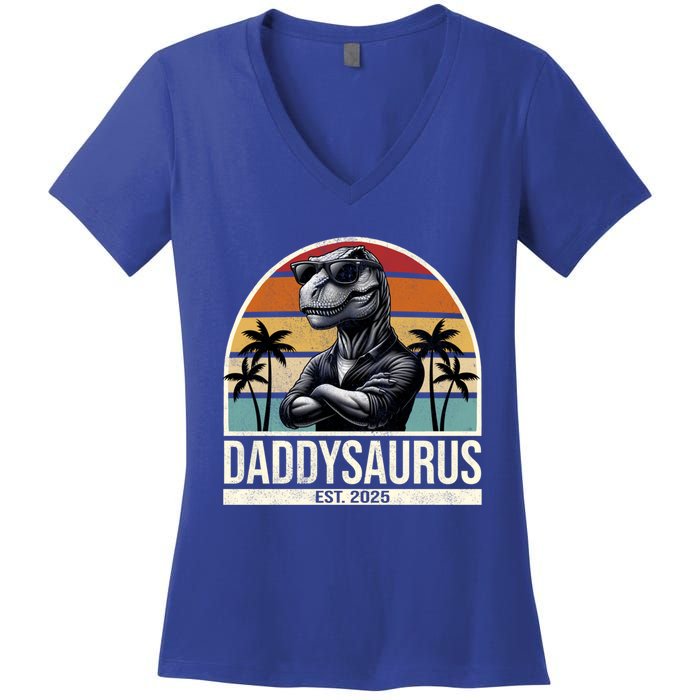 Dino Dad Daddysaurus New Dad 2025 Adult Dinosaur Dad Gift Women's V-Neck T-Shirt