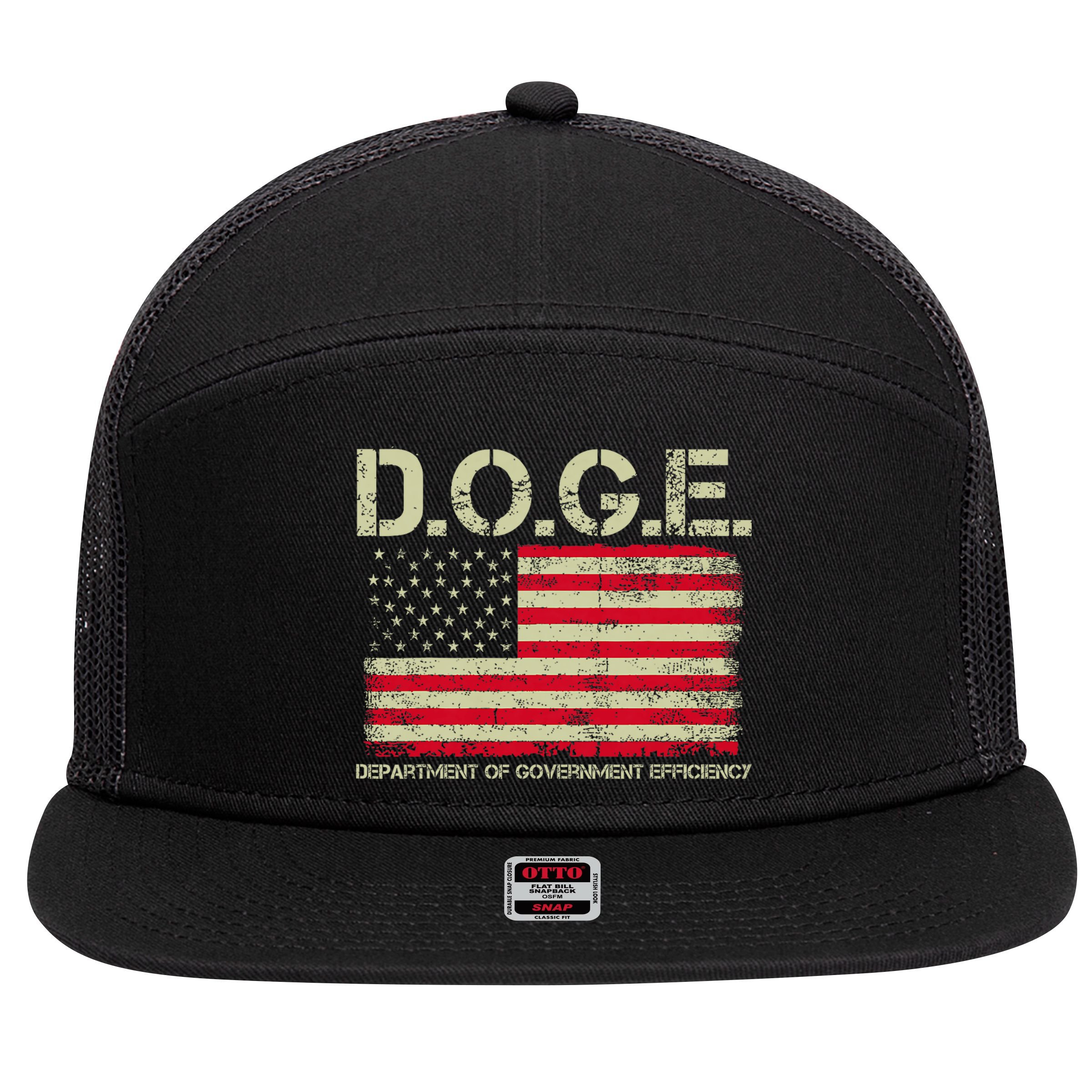 D.O.G.E Doge Department Of Government Efficiency On Back 7 Panel Mesh Trucker Snapback Hat