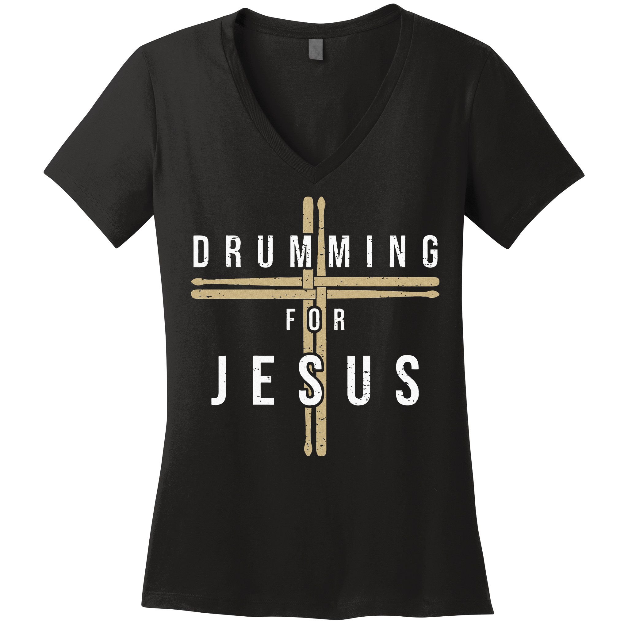 Drummer Drumming Drums Percussion I Jesus Christian Church Women's V-Neck T-Shirt