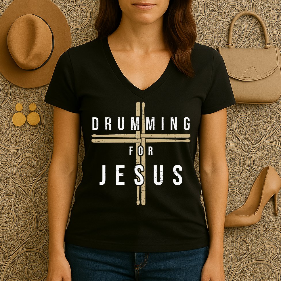Drummer Drumming Drums Percussion I Jesus Christian Church Women's V-Neck T-Shirt
