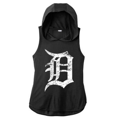 Distressed Detroit D Lettering Design Ladies PosiCharge Tri-Blend Wicking Draft Hoodie Tank