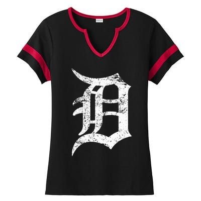 Distressed Detroit D Lettering Design Ladies Halftime Notch Neck Tee