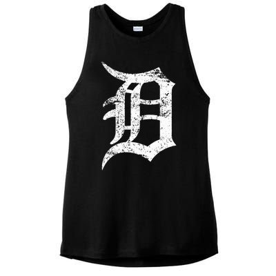 Distressed Detroit D Lettering Design Ladies PosiCharge Tri-Blend Wicking Tank