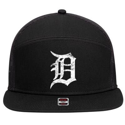 Distressed Detroit D Lettering Design 7 Panel Mesh Trucker Snapback Hat
