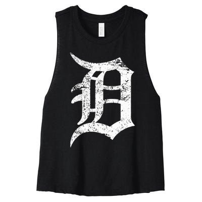 Distressed Detroit D Lettering Design Women's Racerback Cropped Tank