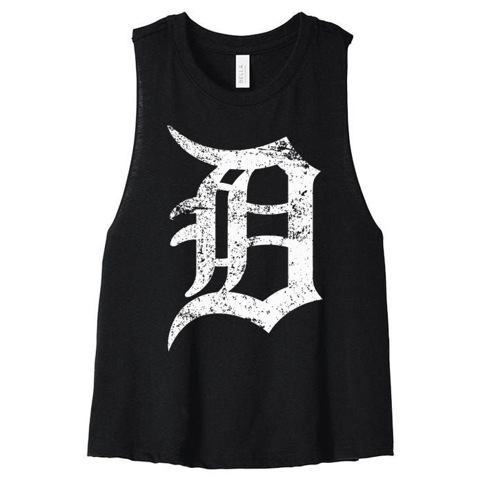 Distressed Detroit D Lettering Design Women's Racerback Cropped Tank