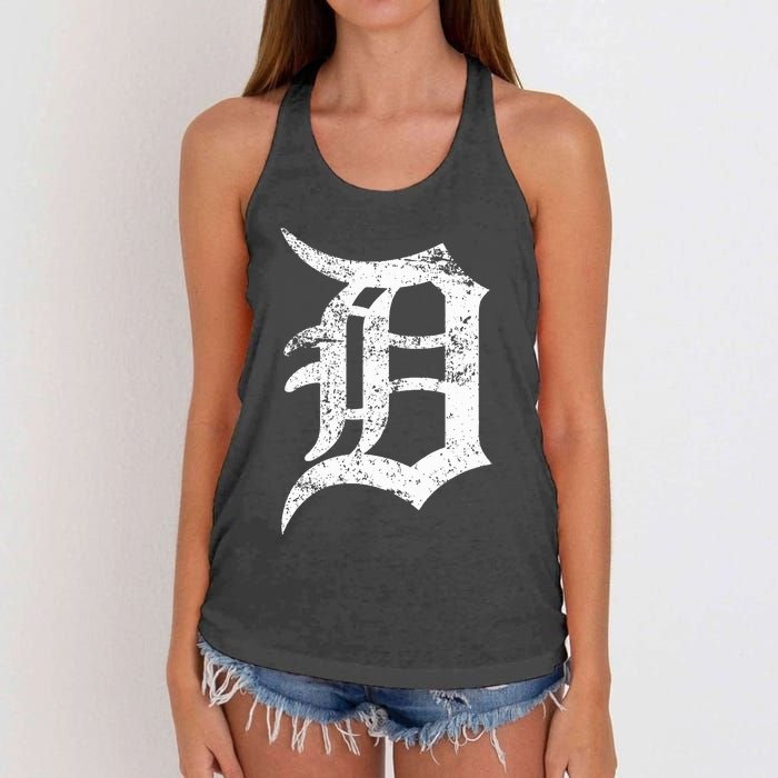 Distressed Detroit D Lettering Design Women's Knotted Racerback Tank