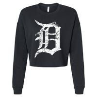 Distressed Detroit D Lettering Design Cropped Pullover Crew